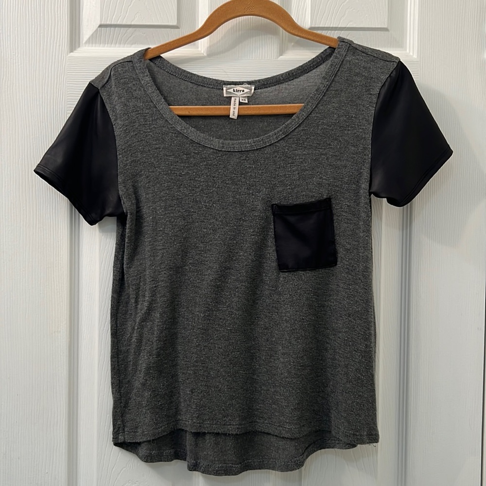 Kirra pocket tee, faux leather sleeves and pocket
